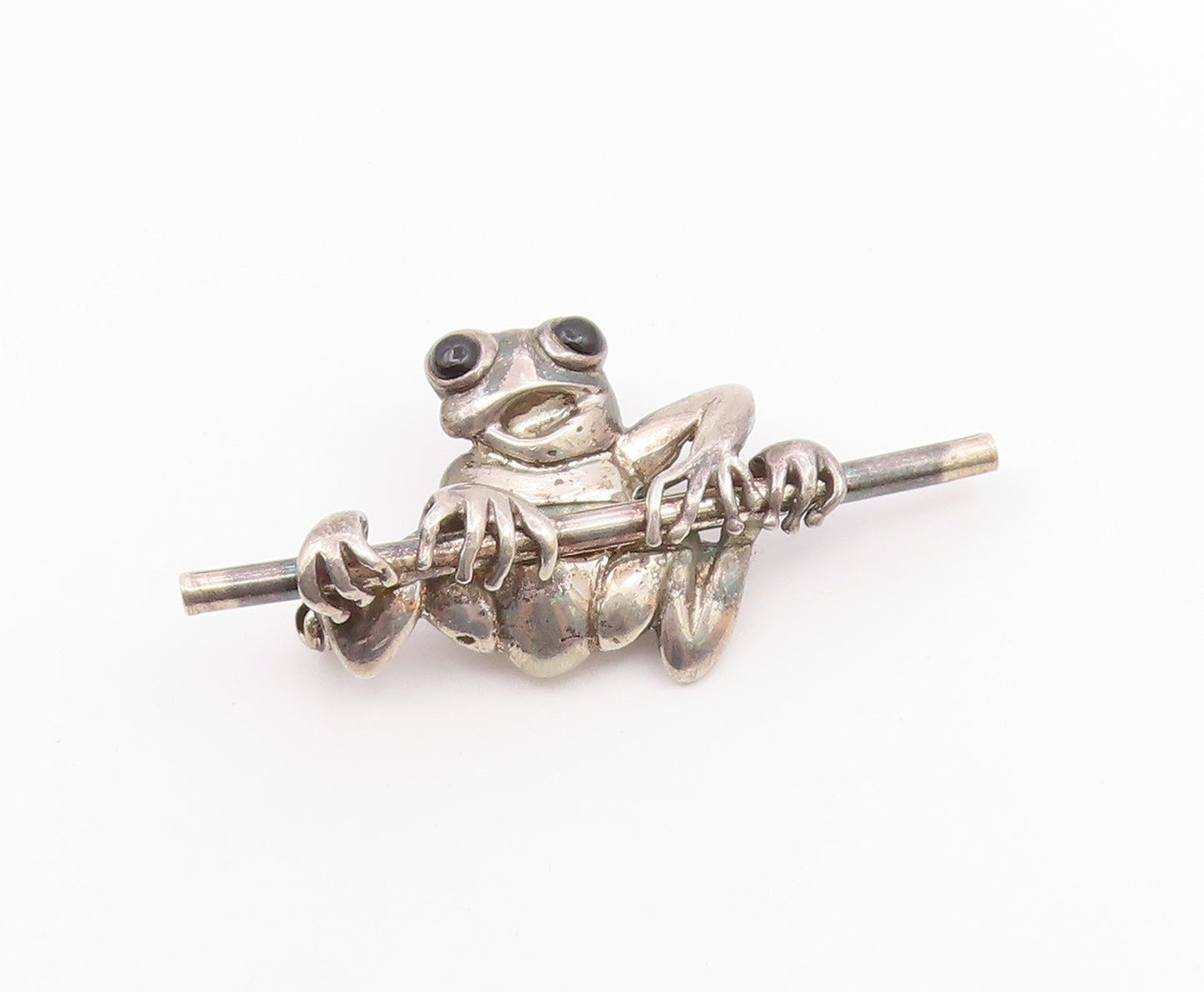 925 Sterling Silver  Vintage Black Onyx Eyes Frog Motif Brooch Pin  BP7899