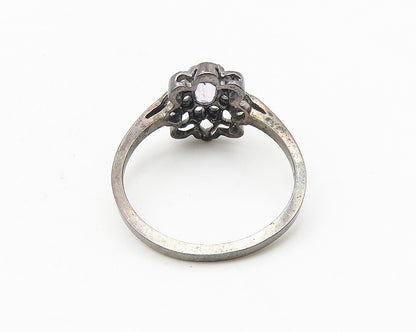 925 Sterling Silver  Vintage Amethyst Dark Tone Floral Band Ring Sz 6  RG10569