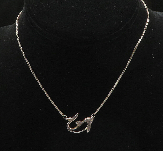925 Sterling Silver  Vintage Dark Tone Cutout Dolphin Chain Necklace  NE3251