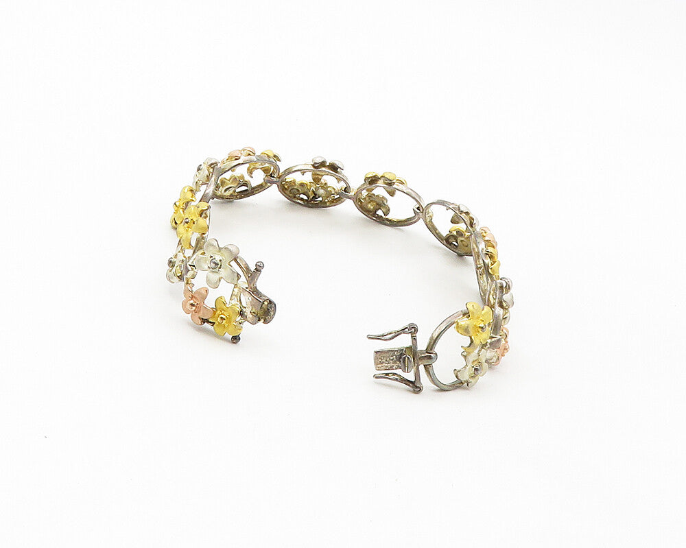 ROSS SIMON 925 Silver Vintage Three Tone Flower Motif Chain Bracelet BT6942