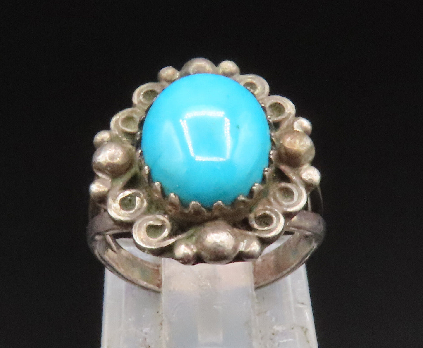 RS NAVAJO 925 Silver  Vintage Beaded Spiral Frame Turquoise Ring Sz 3  RG25258