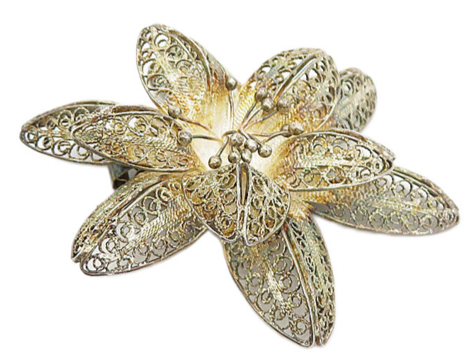 925 Sterling Silver  Vintage Antique Filigree Flower Motif Brooch Pin  BP3089