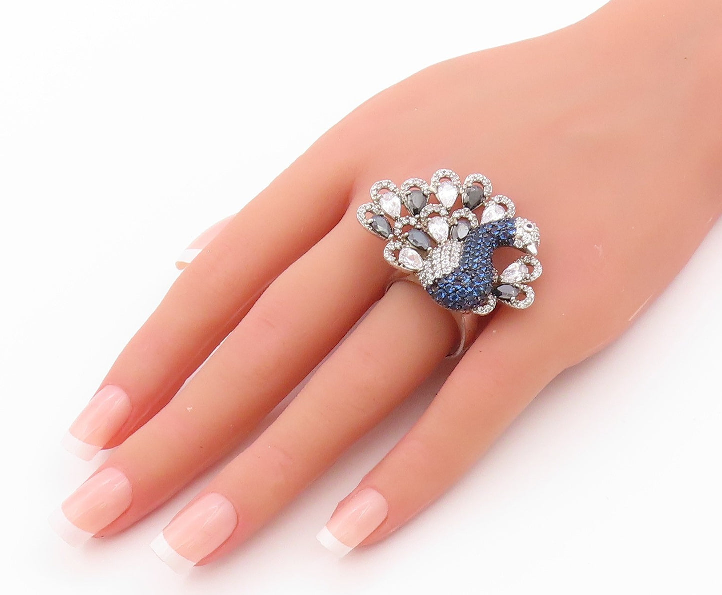 925 Sterling Silver Vintage Ring White Blue CZ & Spinel Peacock  Sz 9  RG32646