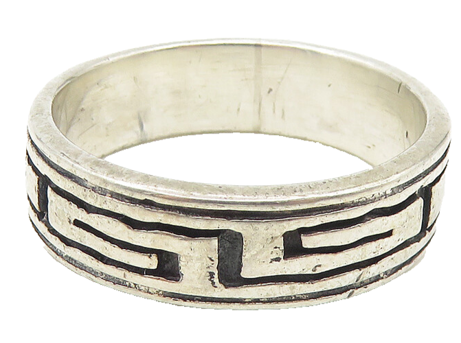 925 Sterling Silver  Vintage Shiny Greek Key Patterned Band Ring Sz 9  RG10705