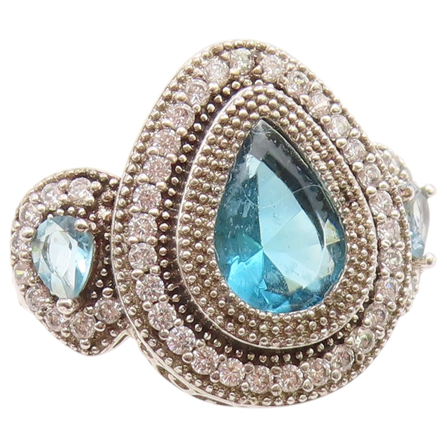 925 Sterling Silver Vintage Ring Blue Topaz Halo Statement Band  Sz 6.5  RG36809