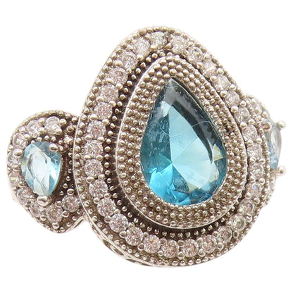 925 Sterling Silver Vintage Ring Blue Topaz Halo Statement Band  Sz 6.5  RG36809