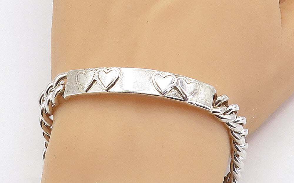 MEXICO 925 Sterling Silver  Vintage Love Heart Bar Curb Chain Bracelet  BT2734