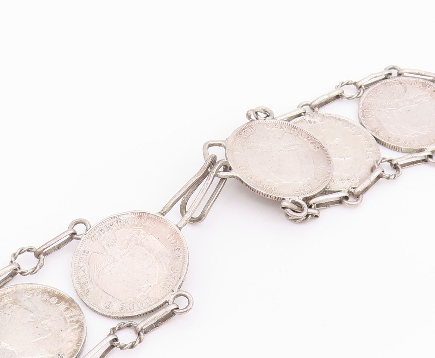 Solid Silver Vintage Necklace Columbia Centavos Long Coin Panel Link  NE4727