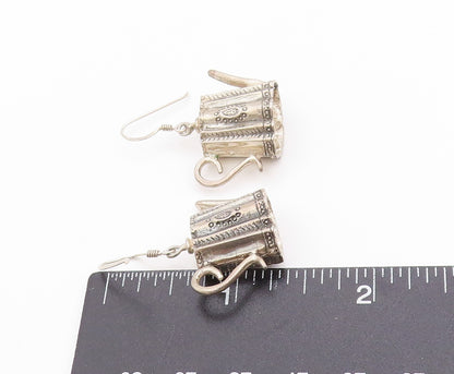 925 Sterling Silver Vintage Earrings Etched Miniature Tea Pot Dangles  EG13688