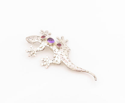 925 Sterling Silver Vintage Brooch SAJEN Oval Amethyst & CZ Lizard Pin  BP11956