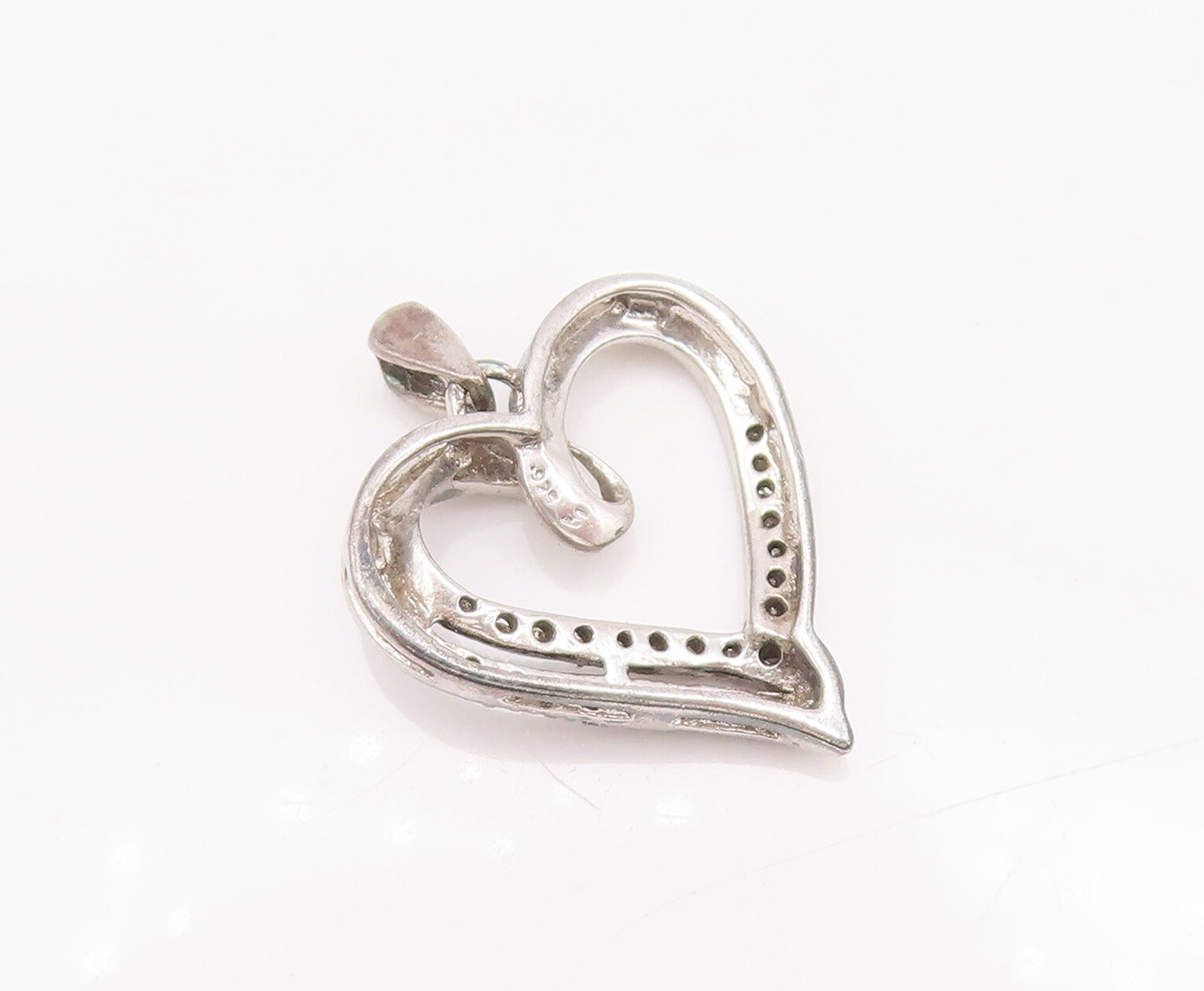 925 Sterling Silver Vintage Pendant Real Black & White Diamonds Heart  PT22634