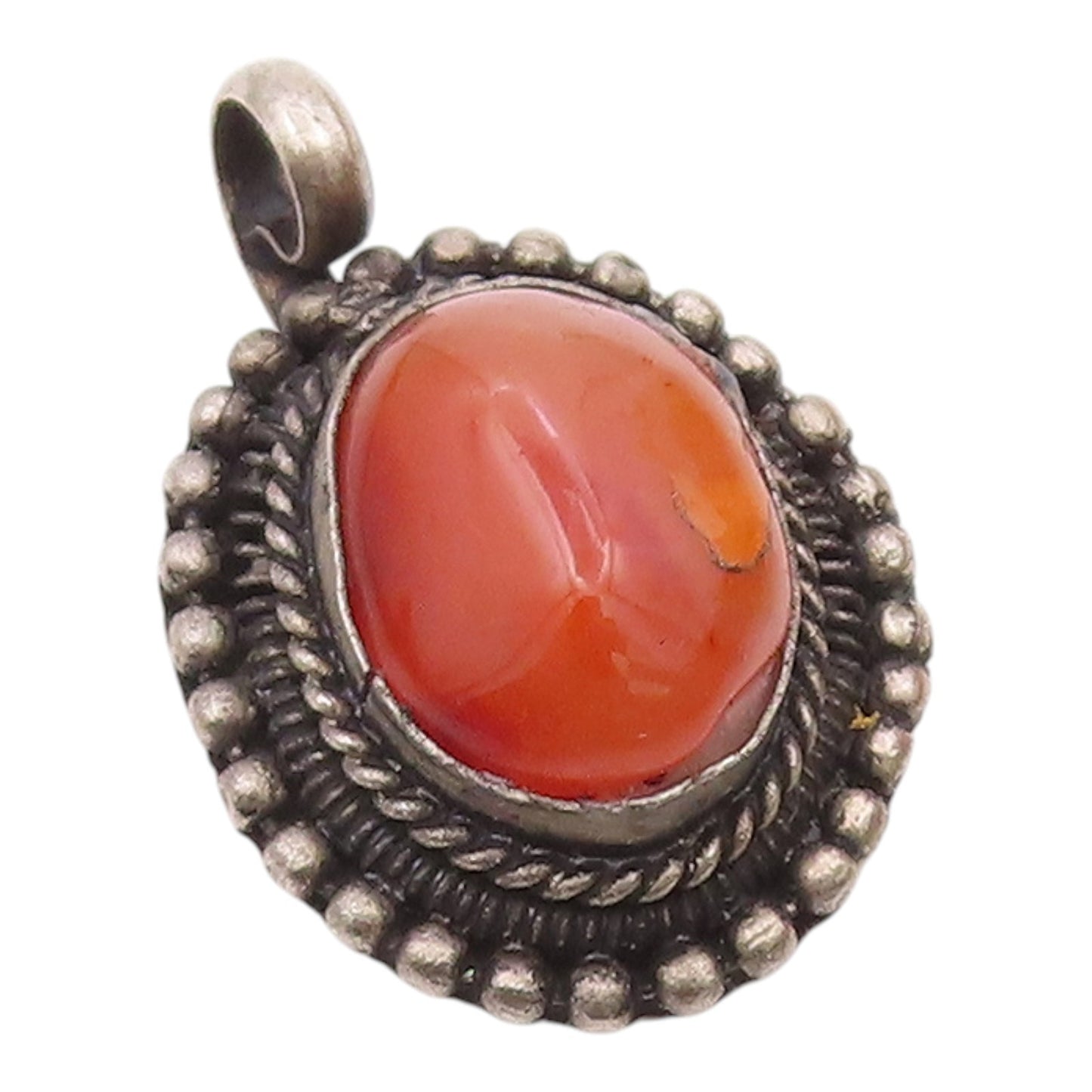 925 Silver  Vintage Beaded & Twisted Rope Border Carnelian Pendant  PT20992