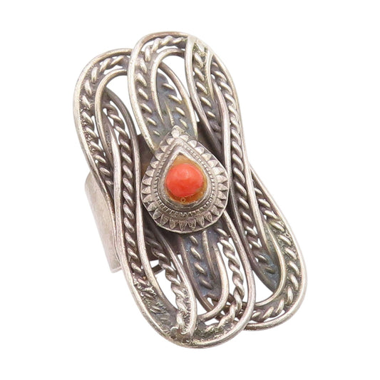 925 Sterling Silver Vintage Ring Cabochon Coral Braided Band  Sz 9.5  RG34835