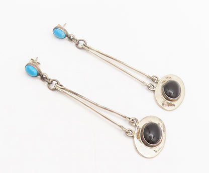 MEXICO 925 Silver  Vintage Pendulum Drop Turquoise & Onyx Earrings  EG12541