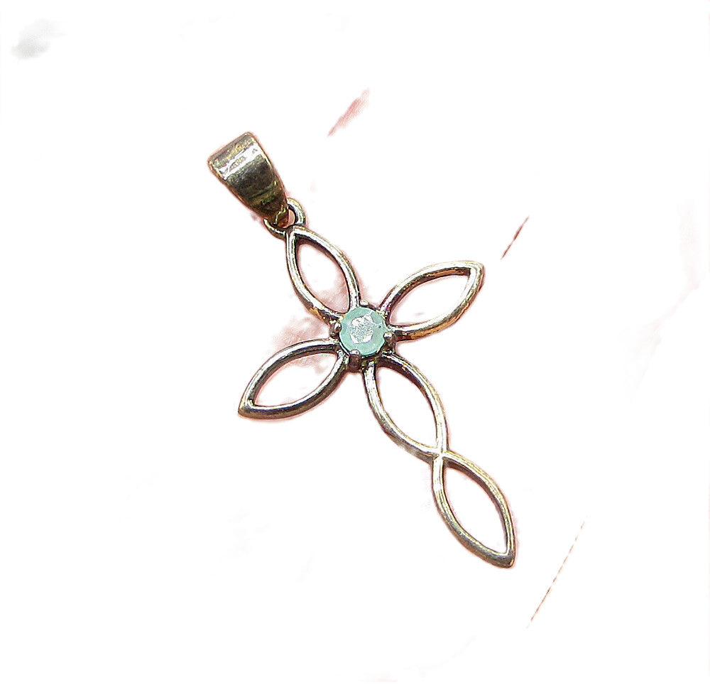 Gold Over 925 Sterling Silver Emerald Religious Cross Drop Pendant PT1156