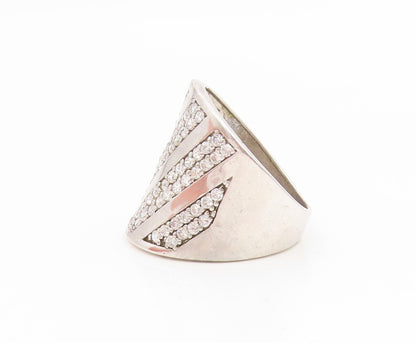 925 Sterling Silver Vintage Ring CZ Pave Diagonal Striped Wide Band Sz 8 RG35276