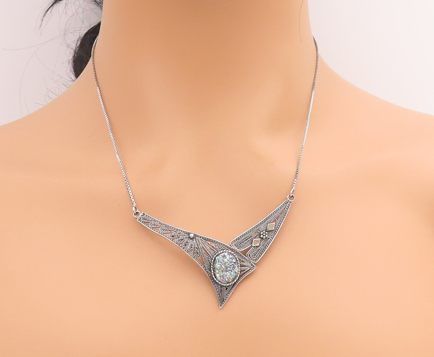 925 Sterling Silver Vintage Necklace ISRAEL Roman Glass Filigree Chain  NE4711