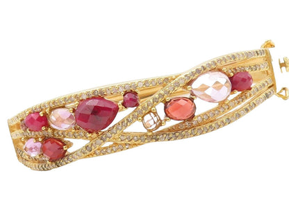 925 Sterling Silver Vintage Bracelet Gold Plated Gemstone & Diamonds BT10725