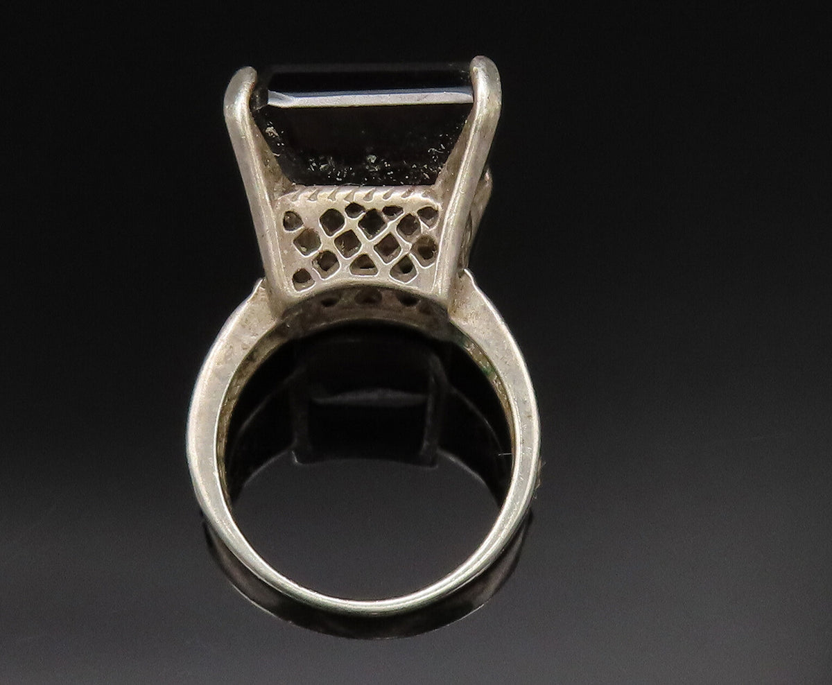 925 Silver Vintage Square Smoky Quartz Open Pattern Band Ring Sz 7.5  RG25394