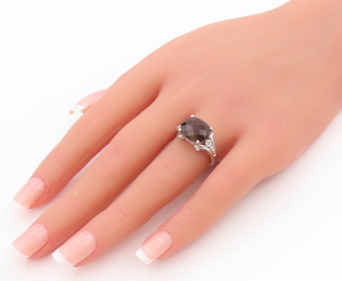 925 Sterling Silver Vintage Ring Diamonds & Oval Cut Smoky Quartz  Sz 7  RG33186