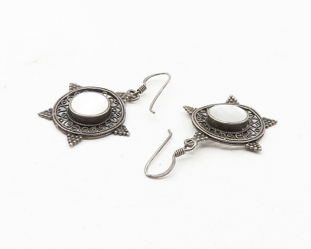 925 Sterling Silver  Vintage Mother Of Pearl Dark Tone Dangle Earrings  EG6295