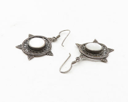925 Sterling Silver  Vintage Mother Of Pearl Dark Tone Dangle Earrings  EG6295