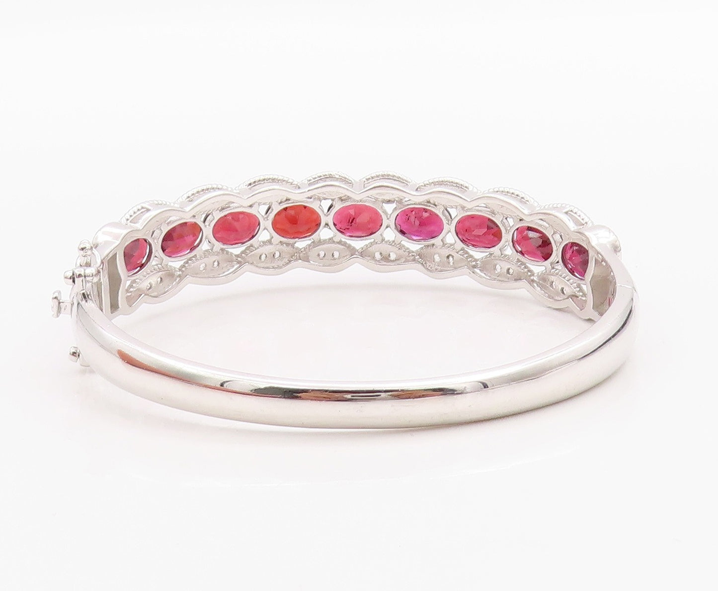 925 Sterling Silver Vintage Bracelet Oval Ruby & CZ Triple Row Bangle  BT11393