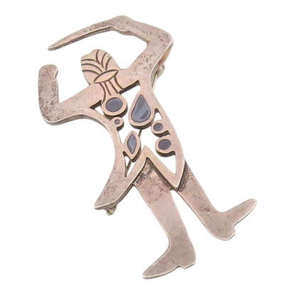 MEXICO 925 Silver  Vintage Black Onyx Cut Out Tribal Man Brooch Pin  BP9531
