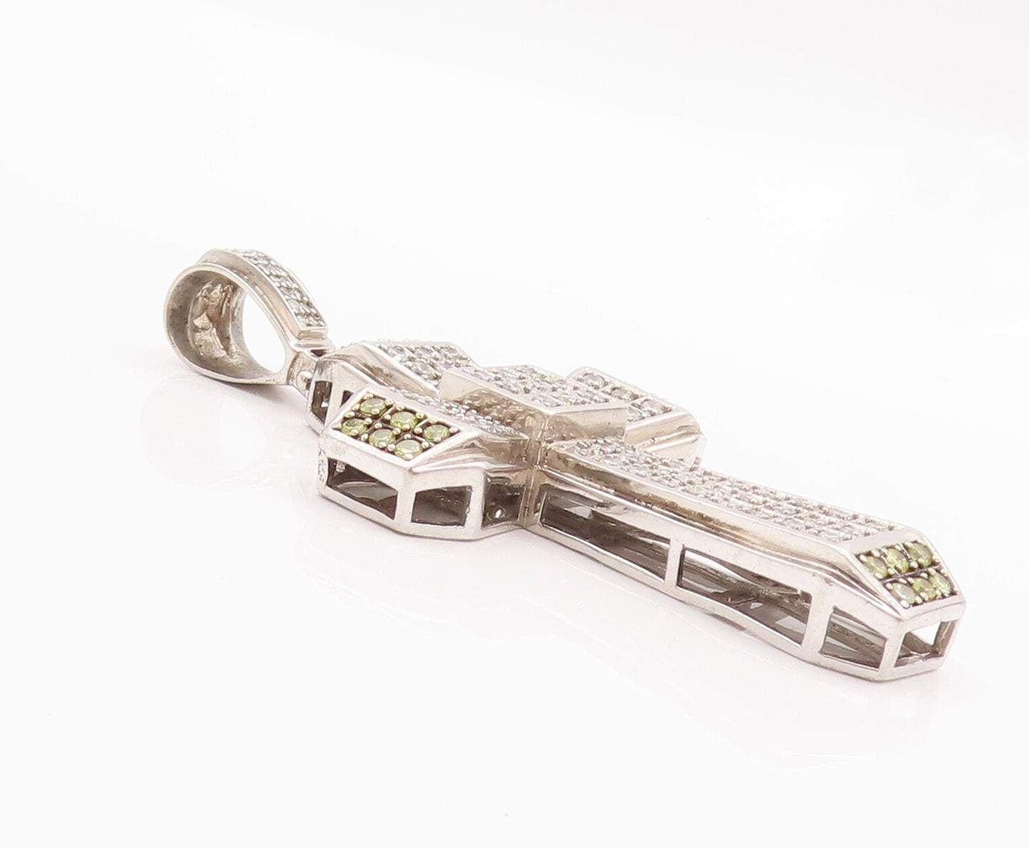 925 Sterling Silver Vintage Pendant Religious 2 Tone Topaz Beaded Cross  PT22944