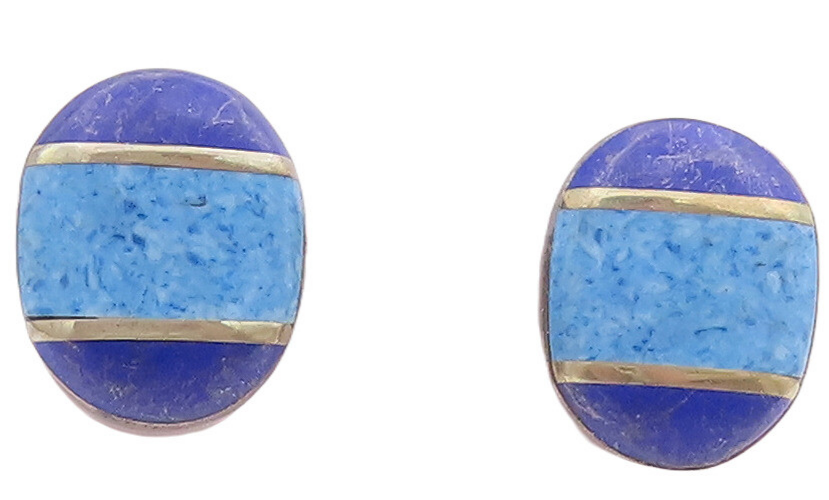925 Sterling Silver Vintage Earrings MEXICO Oval Inlay Lapis Lazuli   EG13072