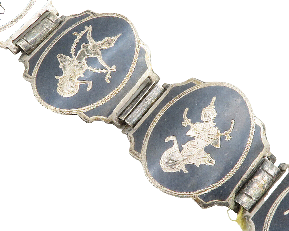 SIAM 925 Sterling Silver Vintage Niello Dancer Panel Chain Bracelet BT5135