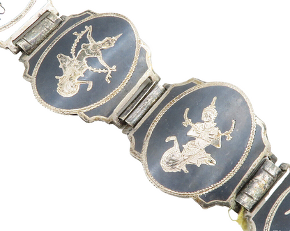 SIAM 925 Sterling Silver Vintage Niello Dancer Panel Chain Bracelet BT5135