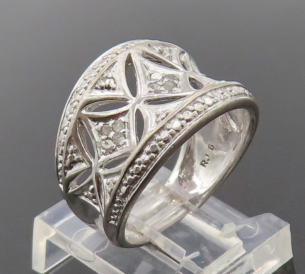 925 Sterling Silver  Vintage Floral Cutout Inlay Diamonds Ring Sz 6  RG27408