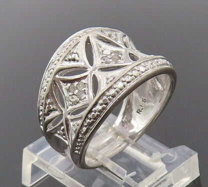 925 Sterling Silver  Vintage Floral Cutout Inlay Diamonds Ring Sz 6  RG27408