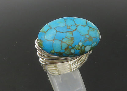 925 Sterling Silver  Vintage Turquoise Shiny Wire Cocktail Ring Sz 10  RG22600