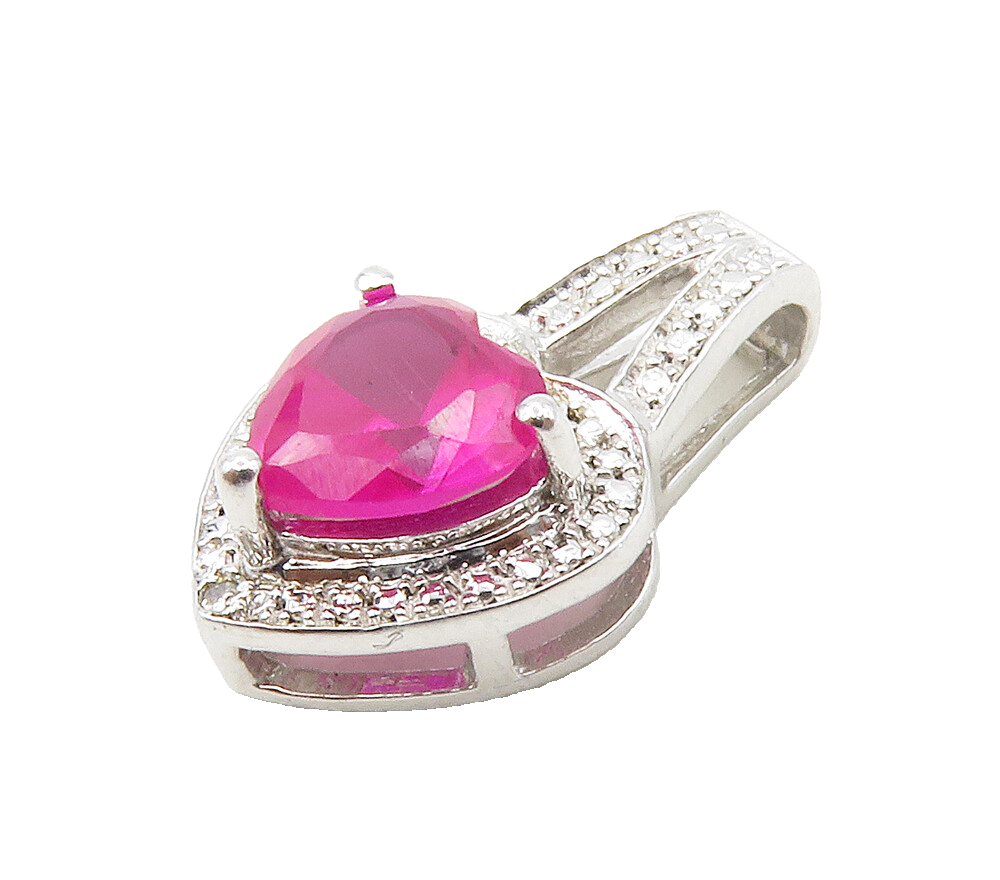 925 Sterling Silver  Pink Topaz & Genuine Diamonds Love Heart Pendant  PT12942