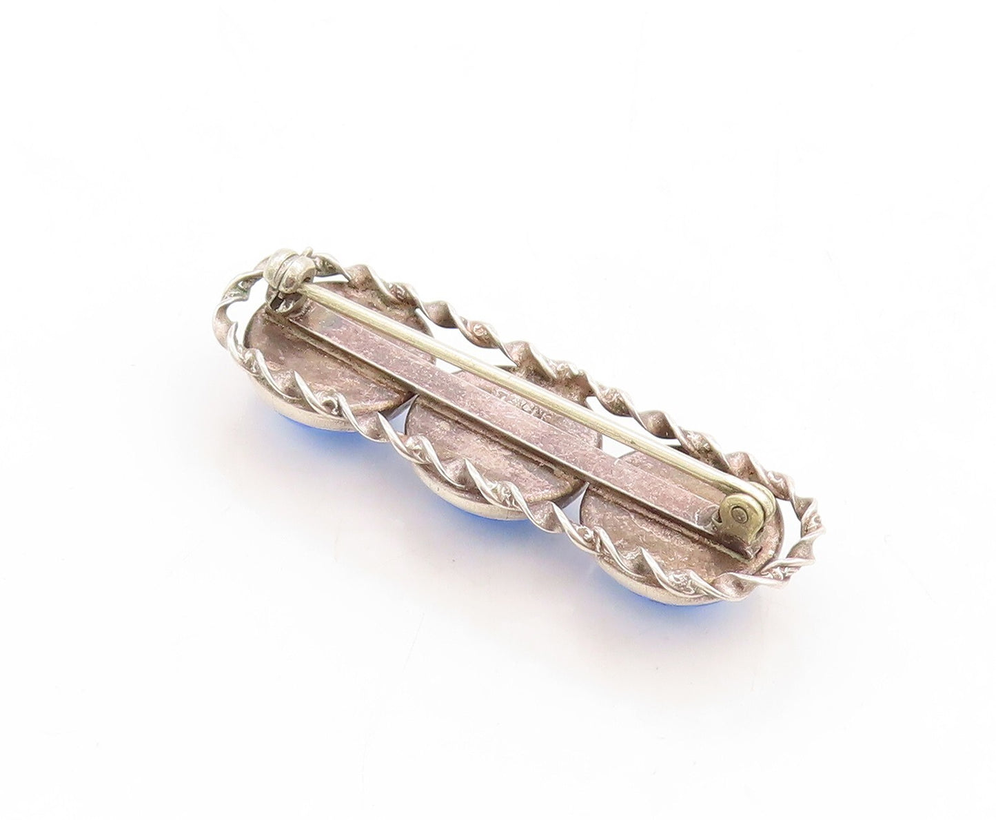 925 Sterling Silver Vintage Brooch Pin Cabochon Round Gemstone Band  BP11372