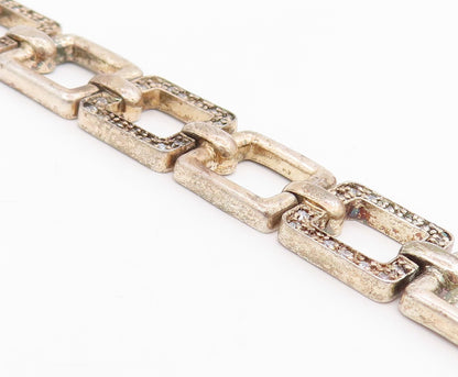 925 Sterling Silver Vintage Bracelet CZ Hollow Geometric Square Link  BT11698