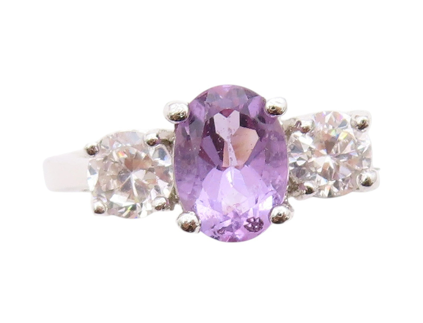 925 Sterling Silver Vintage Ring Amethyst & CZ Three Stone Band  Sz 6  RG33577