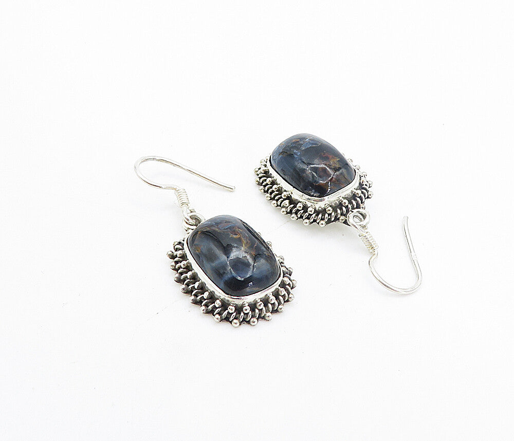 925 Sterling Silver  Vintage Cabochon Cut Jasper Shiny Dangle Earrings  EG3201