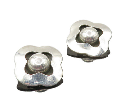 MEXICO 925 Sterling Silver Vintage Shiny Flower Motif Non Pierce Earrings EG4984