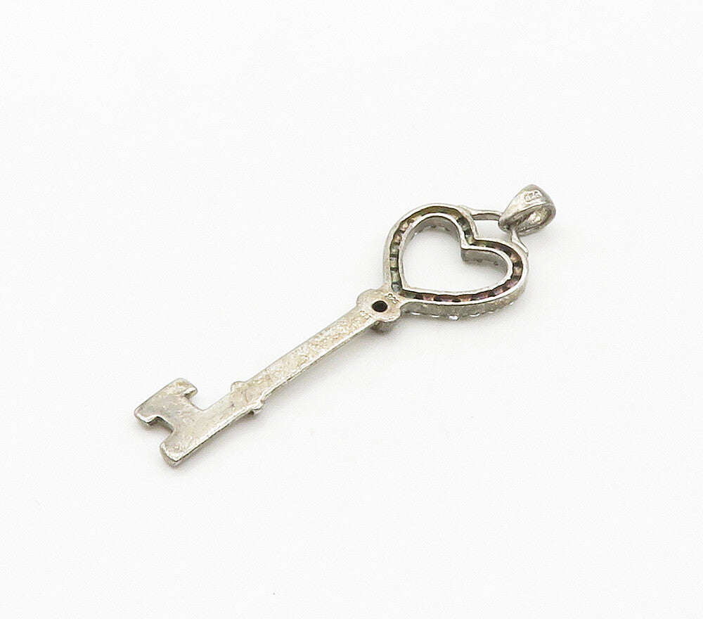 925 Sterling Silver Vintage White Topaz Open Love Heart Key Pendant PT12036