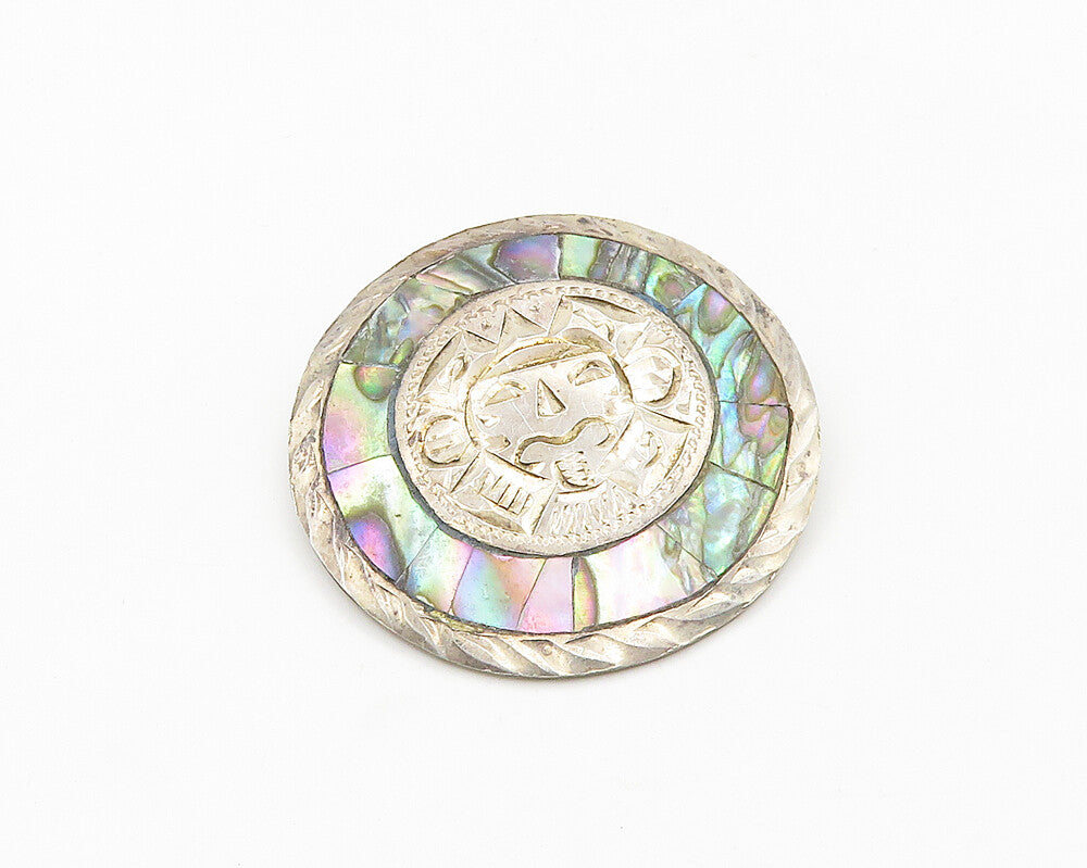 MEXICO 925 Sterling Silver  Vintage Abalone Etched Face Brooch Pin  BP7341