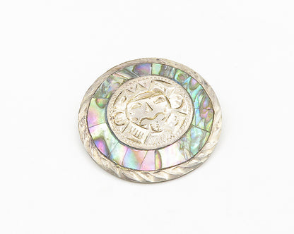 MEXICO 925 Sterling Silver  Vintage Abalone Etched Face Brooch Pin  BP7341