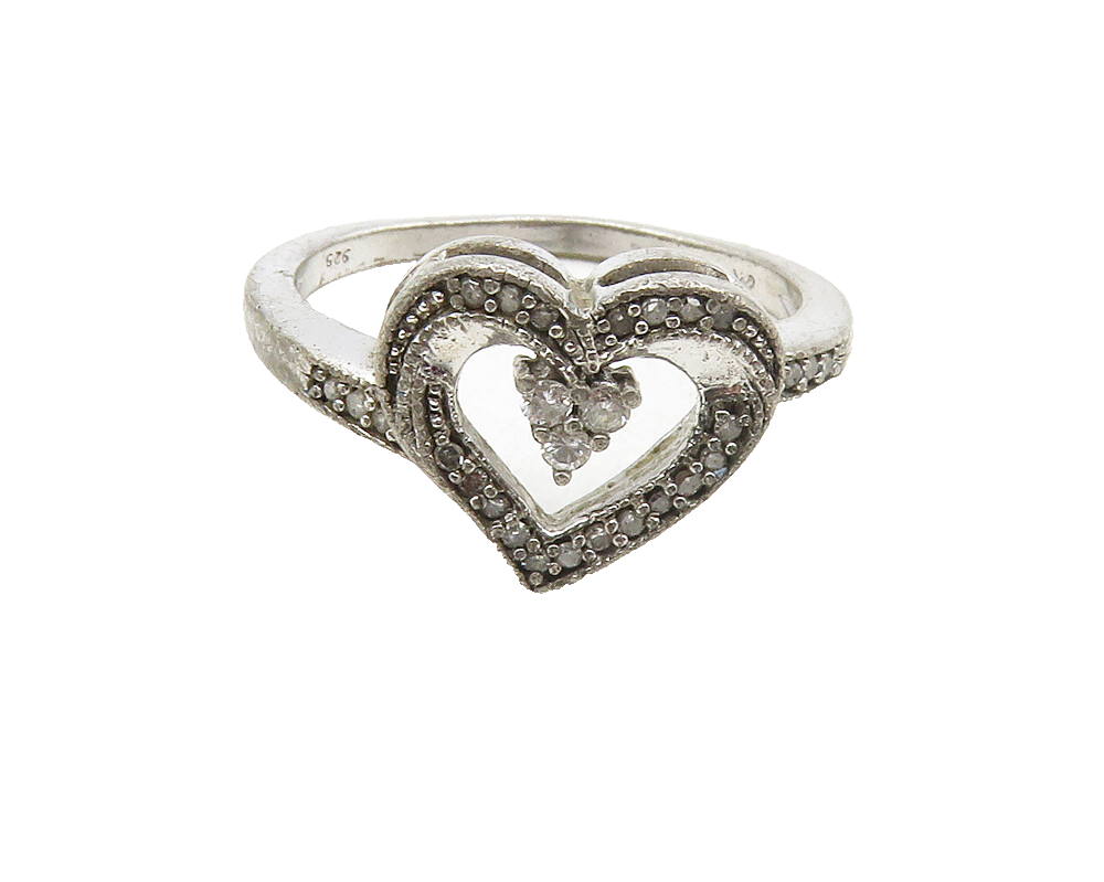 925 Sterling Silver  Vintage Topaz Open Love Heart Band Ring Sz 6  RG9739