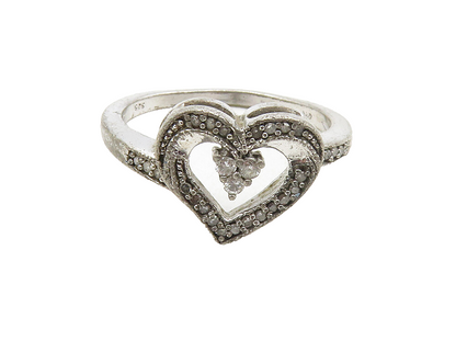 925 Sterling Silver  Vintage Topaz Open Love Heart Band Ring Sz 6  RG9739