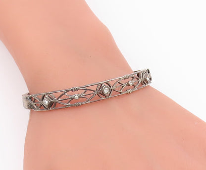 925 Sterling Silver Vintage Geometric Cutout Topaz Bangle Bracelet BT9383