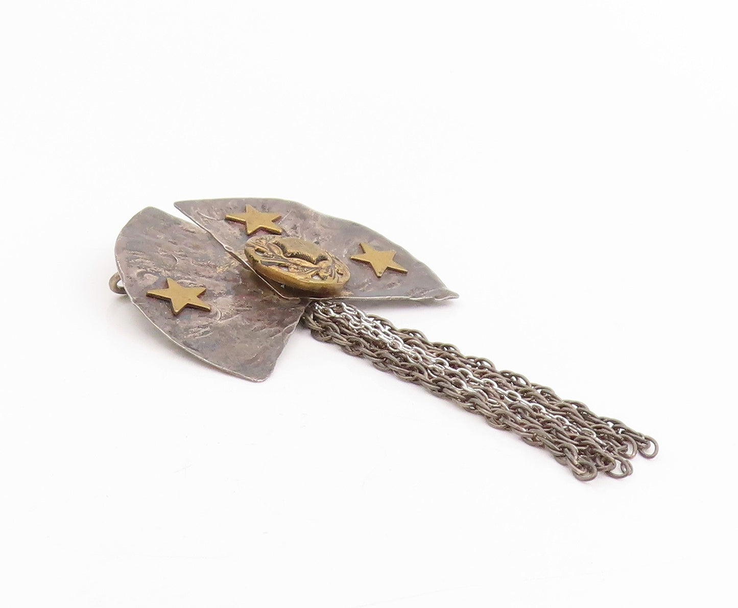 925 Sterling Silver Vintage Brooch Cosmic Fan Stars With Dangling Chain  BP12048
