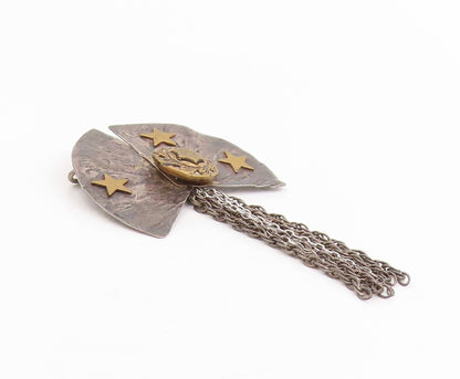 925 Sterling Silver Vintage Brooch Cosmic Fan Stars With Dangling Chain  BP12048