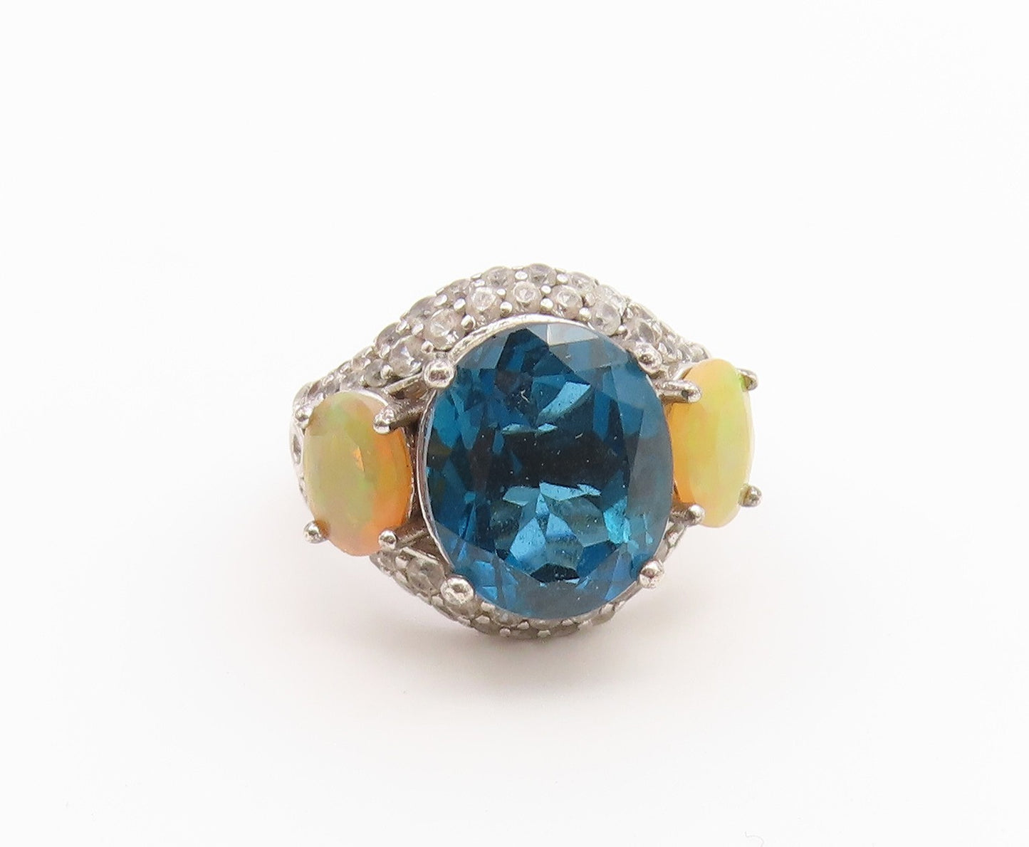 925 Sterling Silver Vintage Ring Blue Topaz & Opal Statement Band  Sz 4  RG36844